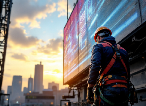 屋外に設置されたLEDビジョンの点検とメンテナンスのイメージ